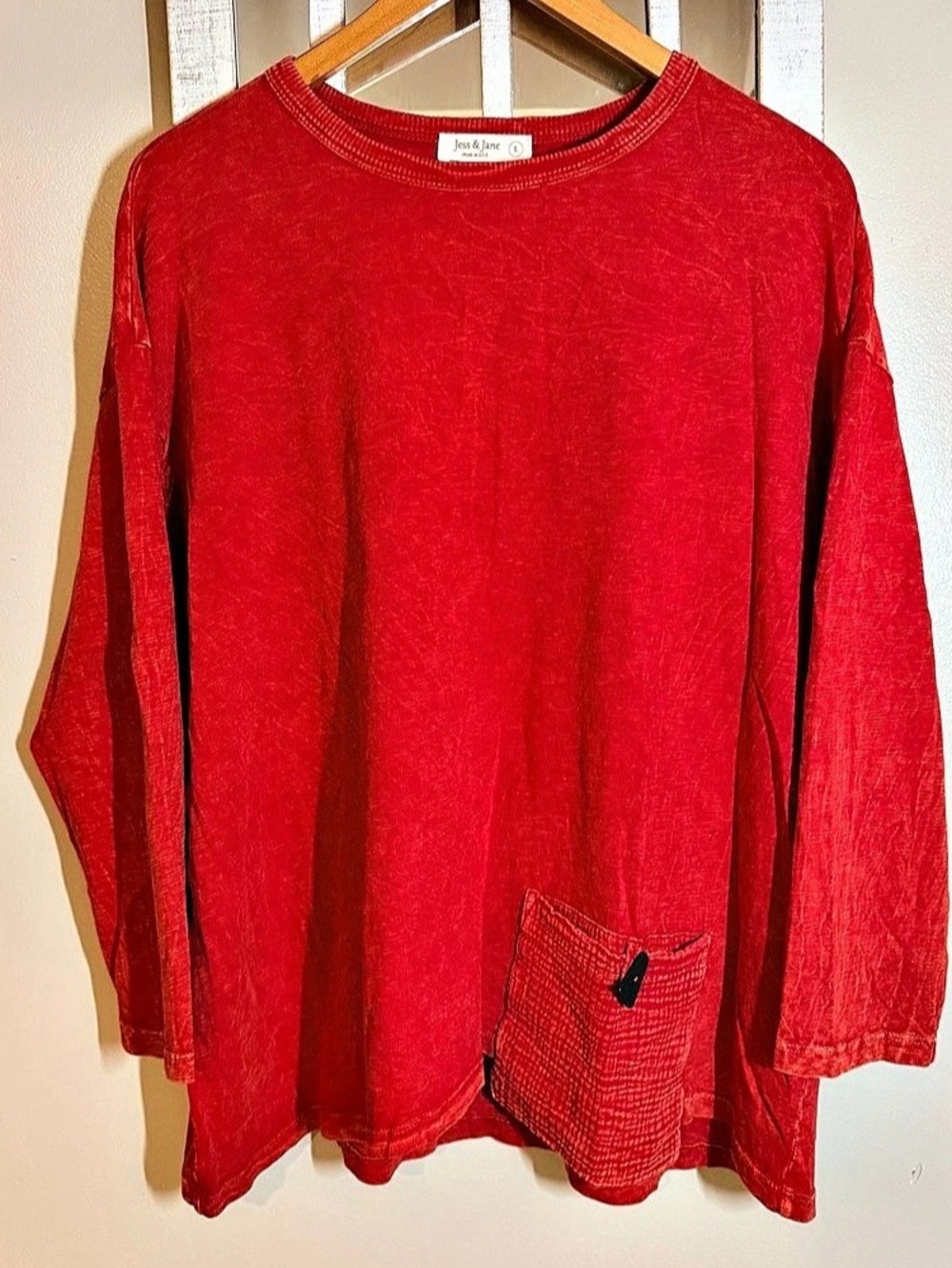 Jess & Jane Red Mineral Wash Cotton Long Sleeve Pocket Tunic Top Shirt Size L